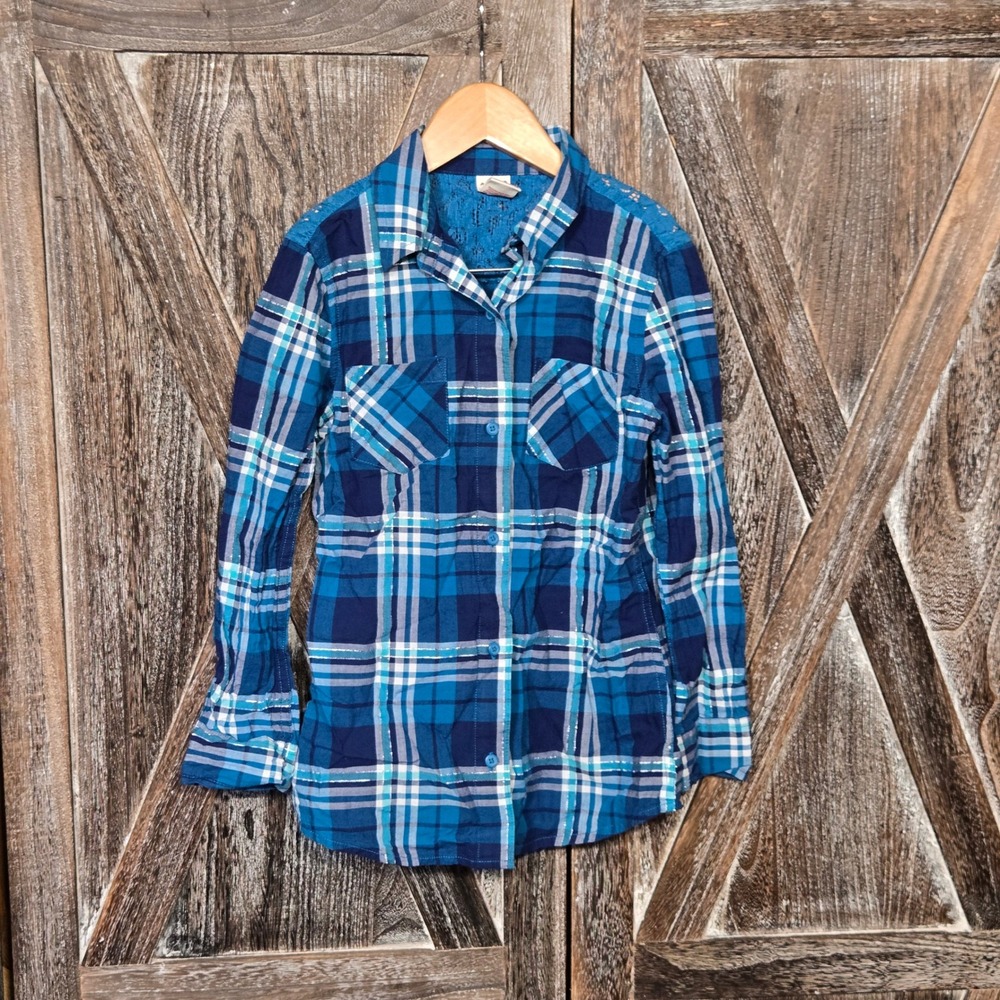 Arizona Jeans Co Girls Plaid Long Sleeve‎ Lace Back Shirt Size 7 8 Blue Sparkle